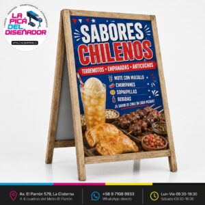 Paloma Publicitaria 70x120 cm Doble Cara — Caballete Madera para Vereda — Impresión de Palomas Publicitarias con Caballete Madera ChileImprime