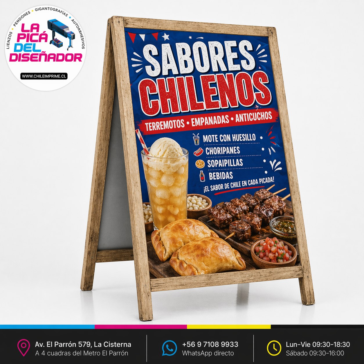 Paloma Publicitaria 50x100 cm Doble Cara — Caballete Madera para Vereda - La Imprenta más económica en Santiago - Metro El Parrón | La Pica del Diseñador